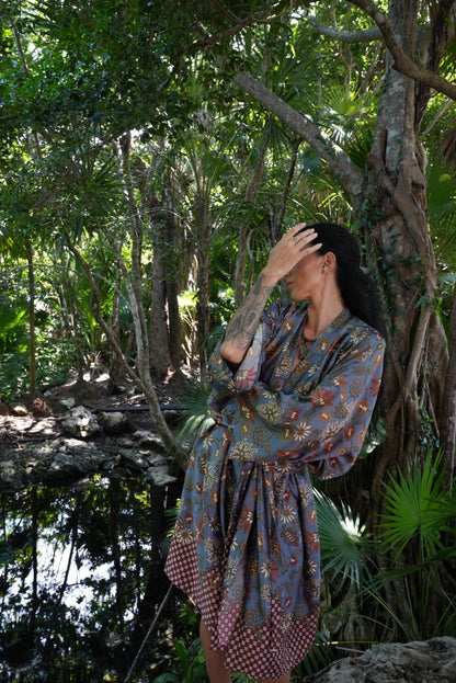 Beige Floral Kimono Robe: Boho Polyester Loungewear, Festival Style