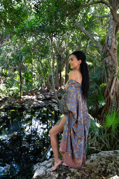 Beige Floral Kimono Robe: Boho Polyester Loungewear, Festival Style