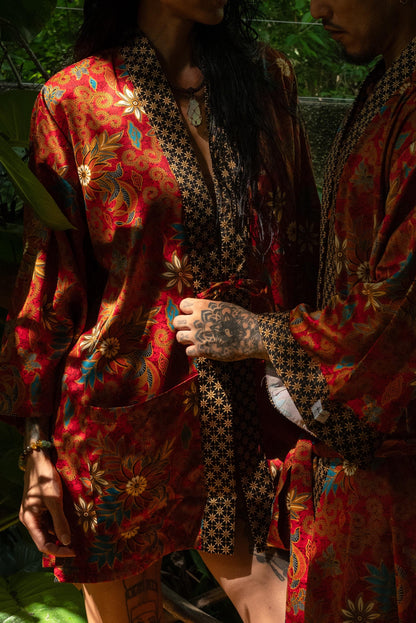 Boho Silk Blend Kimono Robe Set for 2: Hand-Printed Batik Couple Robes
