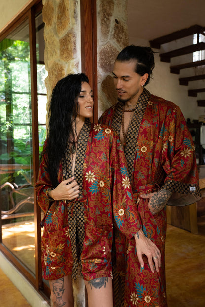Boho Silk Blend Kimono Robe Set for 2: Hand-Printed Batik Couple Robes