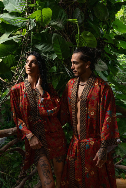 Boho Silk Blend Kimono Robe Set for 2: Hand-Printed Batik Couple Robes