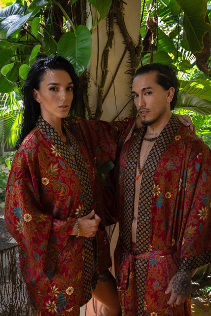 Boho Silk Blend Kimono Robe Set for 2: Hand-Printed Batik Couple Robes
