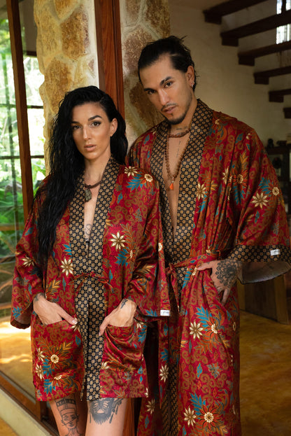 Boho Silk Blend Kimono Robe Set for 2: Hand-Printed Batik Couple Robes