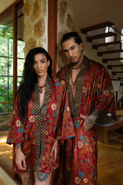 Boho Silk Blend Kimono Robe Set for 2: Hand-Printed Batik Couple Robes