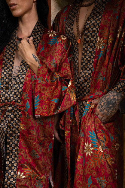 Boho Silk Blend Kimono Robe Set for 2: Hand-Printed Batik Couple Robes