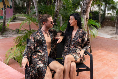 Boho Silk Blend Kimono Robe Set for 2: Hand-Printed Batik Couple Robes