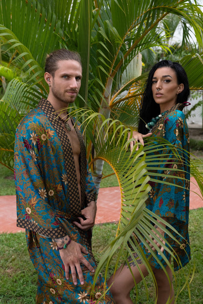 Boho Silk Blend Kimono Robe Set for 2: Hand-Printed Batik Couple Robes
