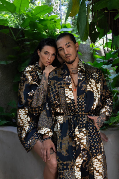 Boho Silk Blend Kimono Robe Set for 2: Hand-Printed Batik Couple Robes