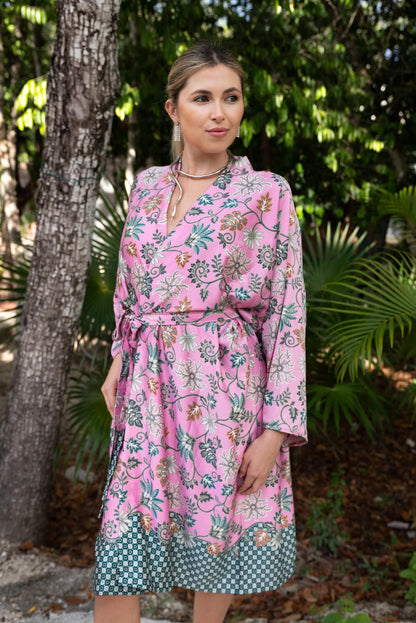 Pink  Atlas Polyester  Kimono Robe: Boho Bali Loungewear ,FREE SIZE