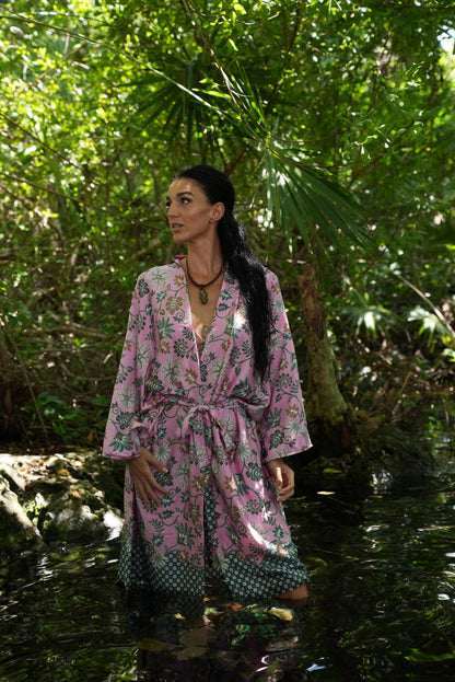 Pink  Atlas Polyester  Kimono Robe: Boho Bali Loungewear ,FREE SIZE