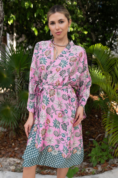 Pink  Atlas Polyester  Kimono Robe: Boho Bali Loungewear ,FREE SIZE