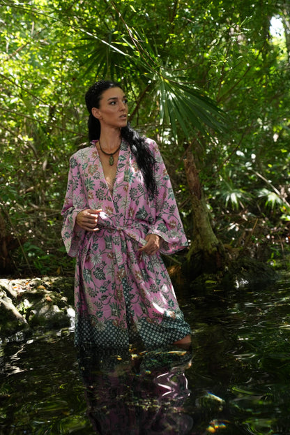 Pink  Atlas Polyester  Kimono Robe: Boho Bali Loungewear ,FREE SIZE
