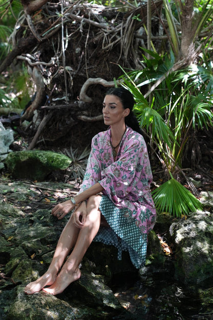Pink  Atlas Polyester  Kimono Robe: Boho Bali Loungewear ,FREE SIZE