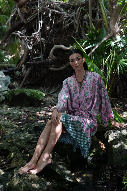 Pink  Atlas Polyester  Kimono Robe: Boho Bali Loungewear ,FREE SIZE