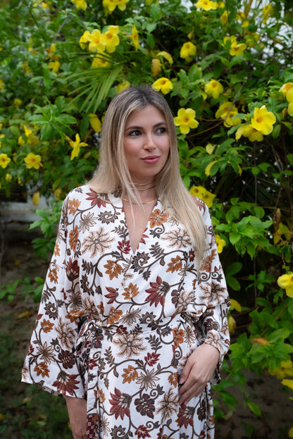 Floral Polyester Kimono Robe: Beige Boho Loungewear