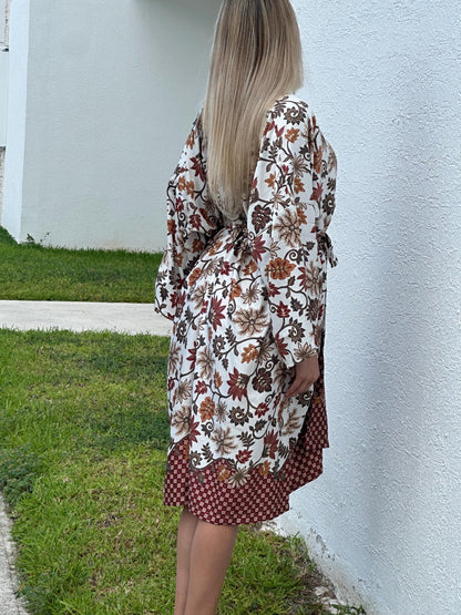 Floral Polyester Kimono Robe: Beige Boho Loungewear