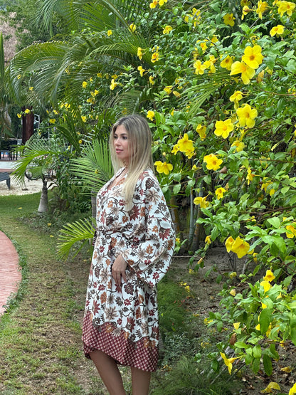 Floral Polyester Kimono Robe: Beige Boho Loungewear