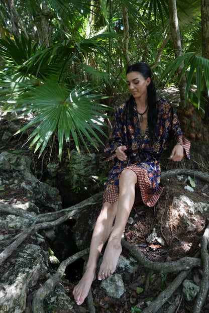 Navy Blue  Atlas Polyester  Kimono Robe: Boho Bali spirit style ,FREE SIZE, Festival Clothing, Gift for Women