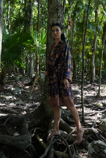 Navy Blue  Atlas Polyester  Kimono Robe: Boho Bali spirit style ,FREE SIZE, Festival Clothing, Gift for Women