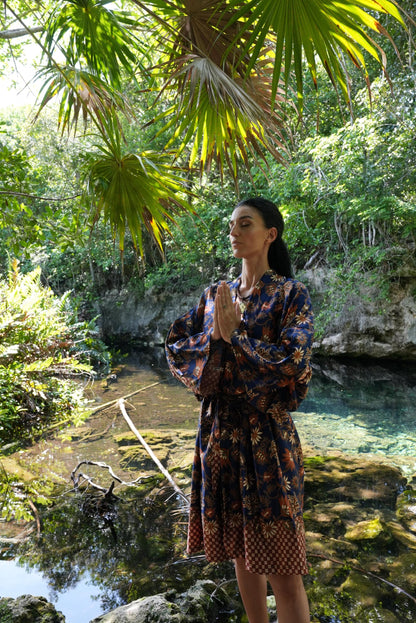 Navy Blue  Atlas Polyester  Kimono Robe: Boho Bali spirit style ,FREE SIZE, Festival Clothing, Gift for Women