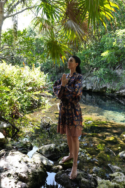 Navy Blue  Atlas Polyester  Kimono Robe: Boho Bali spirit style ,FREE SIZE, Festival Clothing, Gift for Women