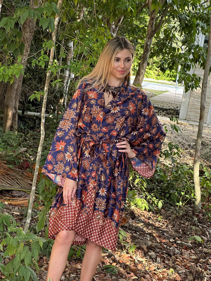 Navy Blue  Atlas Polyester  Kimono Robe: Boho Bali spirit style ,FREE SIZE, Festival Clothing, Gift for Women