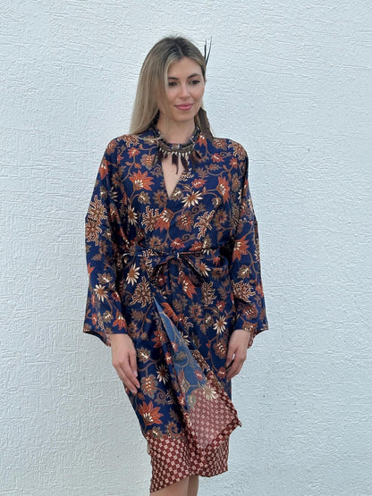 Navy Blue  Atlas Polyester  Kimono Robe: Boho Bali spirit style ,FREE SIZE, Festival Clothing, Gift for Women