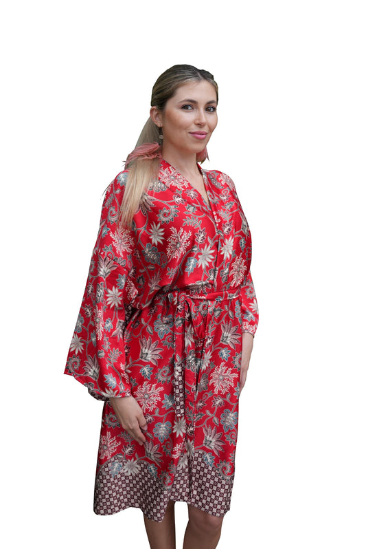 Red Floral Kimono Robe: Boho Bali Style, S-XXL ,
