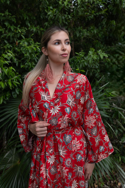 Red Floral Kimono Robe: Boho Bali Style, S-XXL ,