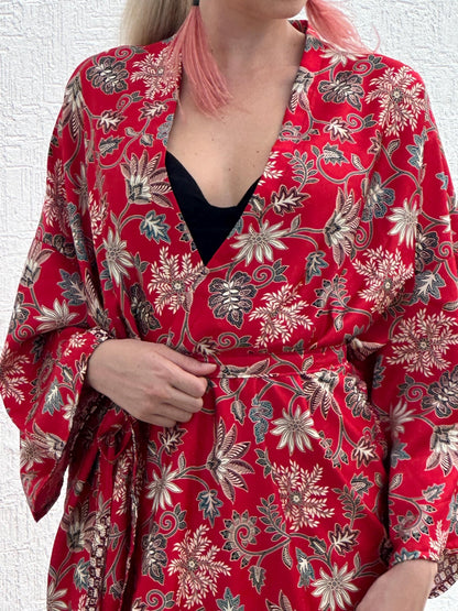 Red Floral Kimono Robe: Boho Bali Style, S-XXL ,