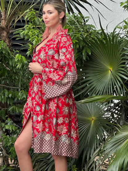 Red Floral Kimono Robe: Boho Bali Style, S-XXL ,