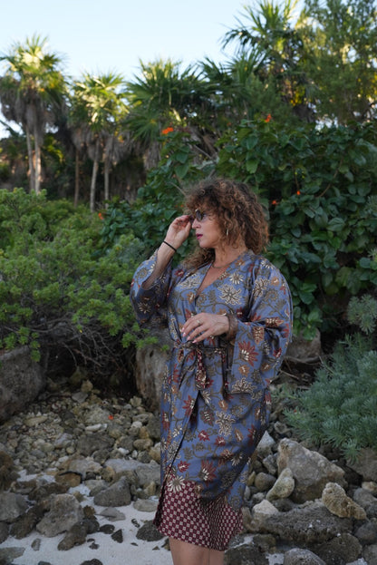 Beige Floral Kimono Robe: Boho Polyester Loungewear, Festival Style