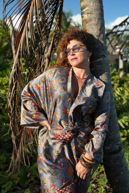 Beige Floral Kimono Robe: Boho Polyester Loungewear, Festival Style