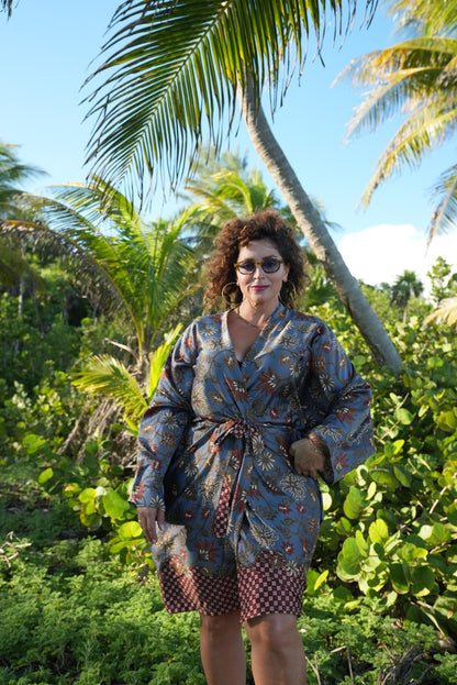 Beige Floral Kimono Robe: Boho Polyester Loungewear, Festival Style