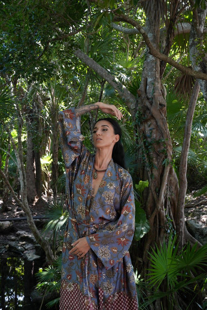 Beige Floral Kimono Robe: Boho Polyester Loungewear, Festival Style