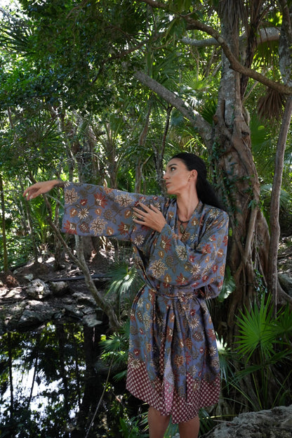 Beige Floral Kimono Robe: Boho Polyester Loungewear, Festival Style