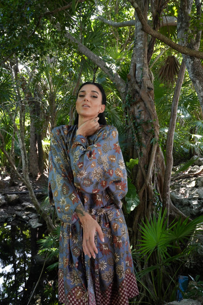 Beige Floral Kimono Robe: Boho Polyester Loungewear, Festival Style