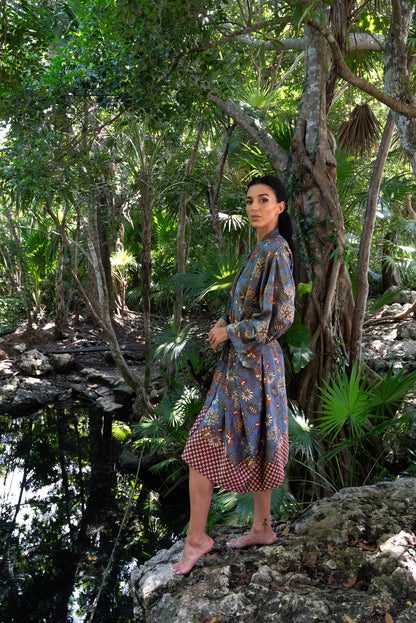 Beige Floral Kimono Robe: Boho Polyester Loungewear, Festival Style