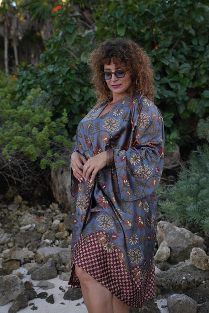 Beige Floral Kimono Robe: Boho Polyester Loungewear, Festival Style