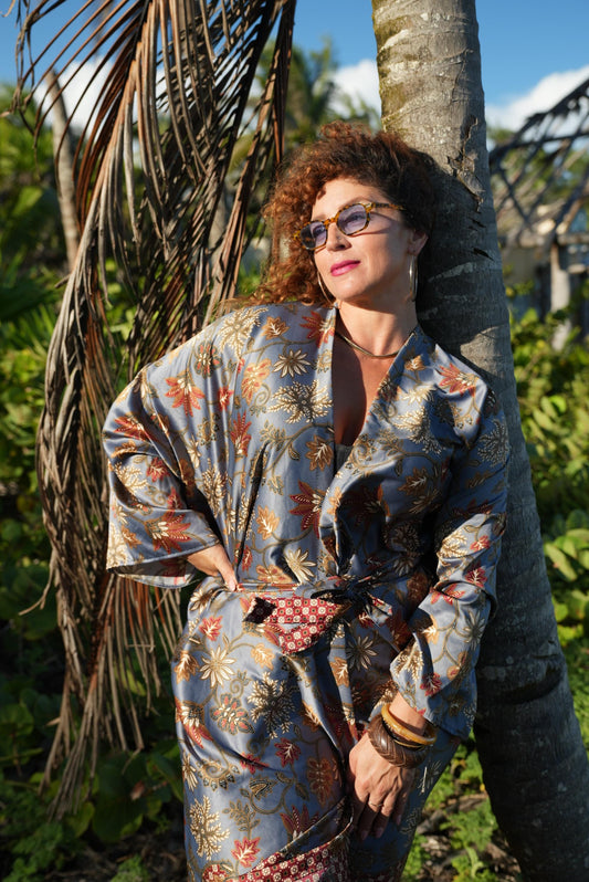 Beige Floral Kimono Robe: Boho Polyester Loungewear, Festival Style