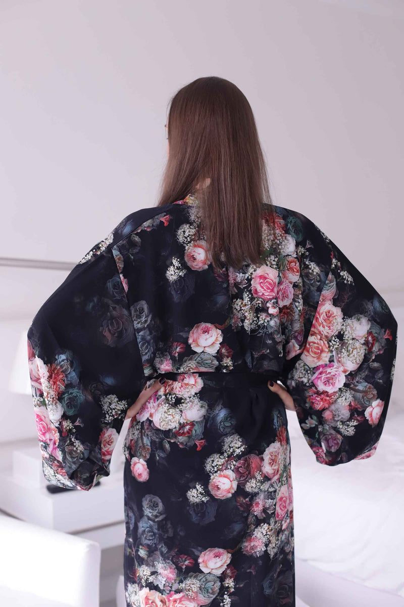 Silk Kimono Robe Black Flower