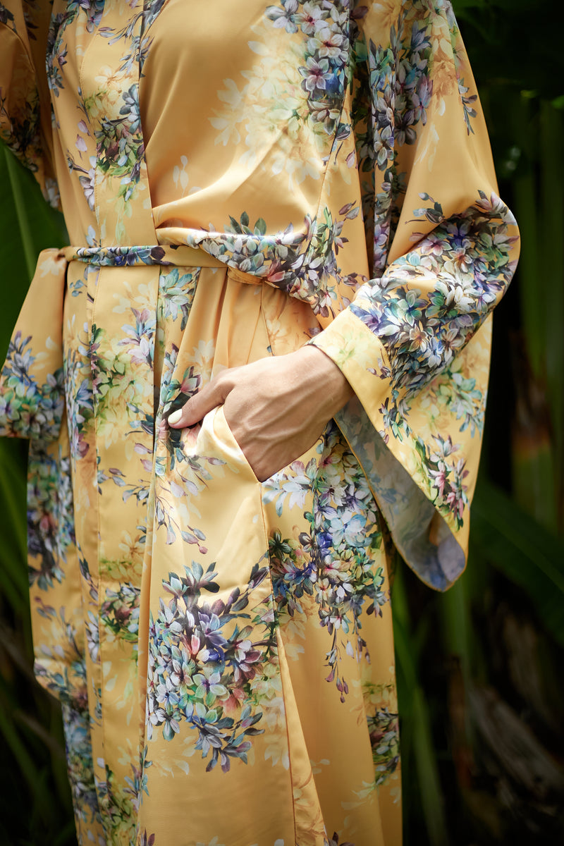 Comfortable yellow satin robe In Various Designs 