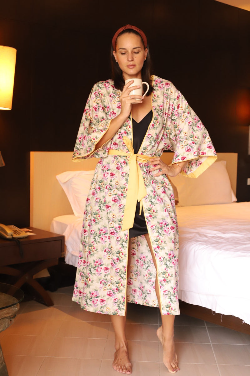 Beige Rose Cotton Kimono Robe